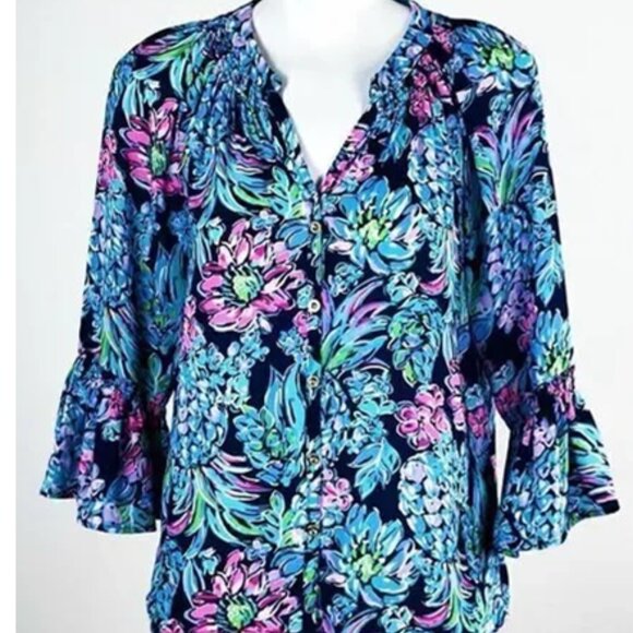 Lilly Pulitzer XL DAKOTA Top Amalfi High Tide Navy Pineapple Paradise - Picture 2 of 5